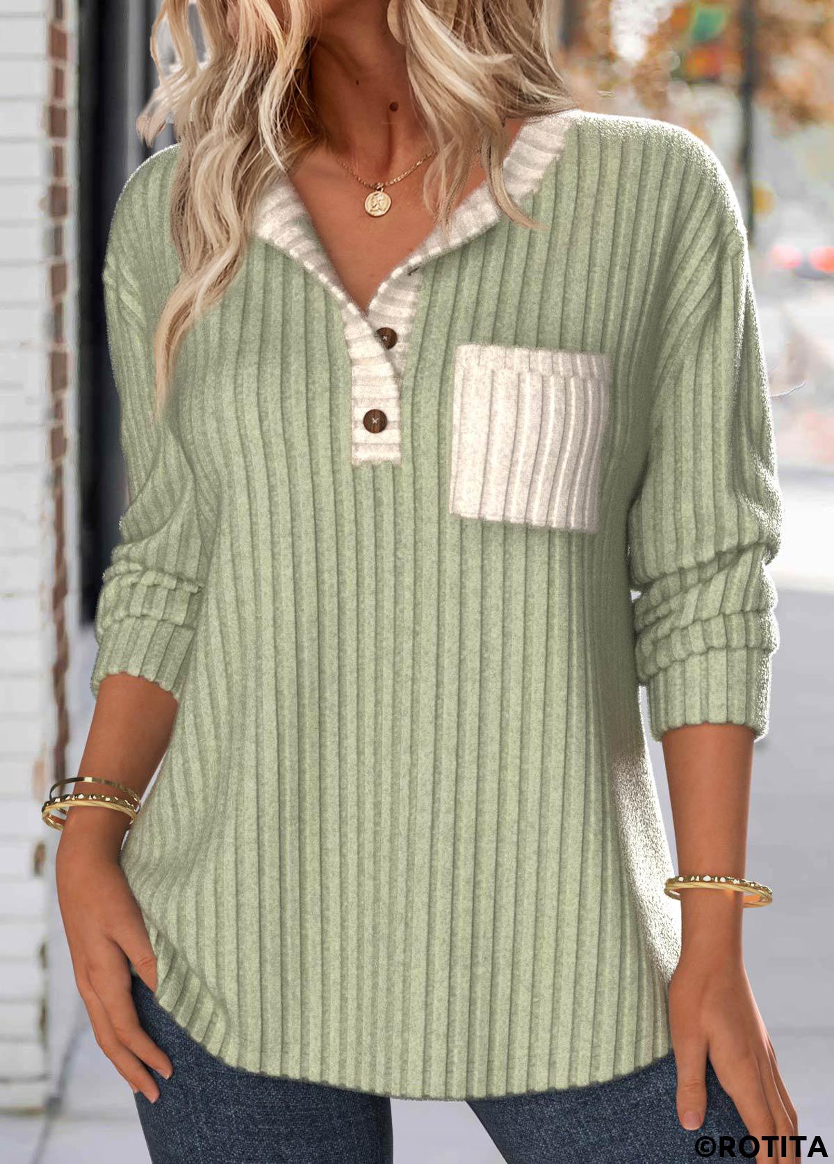 Sage Green tops,Contrast Color tops,ROTITA Patchwork Sage Green Split Neck Long Sleeve Sweatshirt
