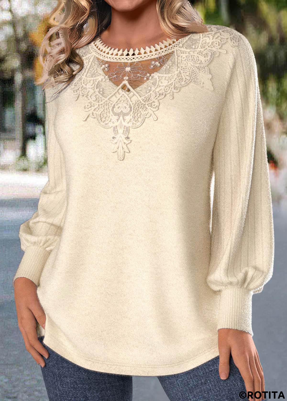 Beige plus size,Plain Color plus size,ROTITA Plus Size Embroidery Beige Round Neck T Shirt