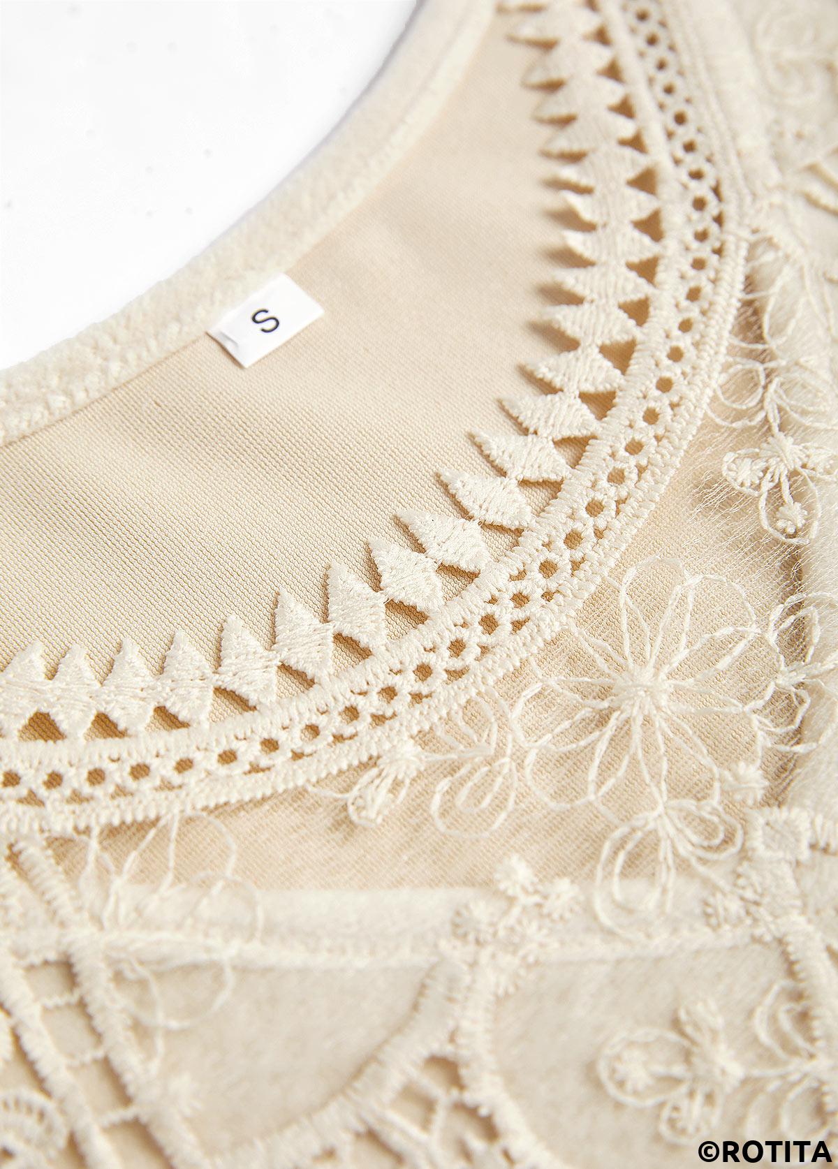 Beige plus size,Plain Color plus size,ROTITA Plus Size Embroidery Beige Round Neck T Shirt