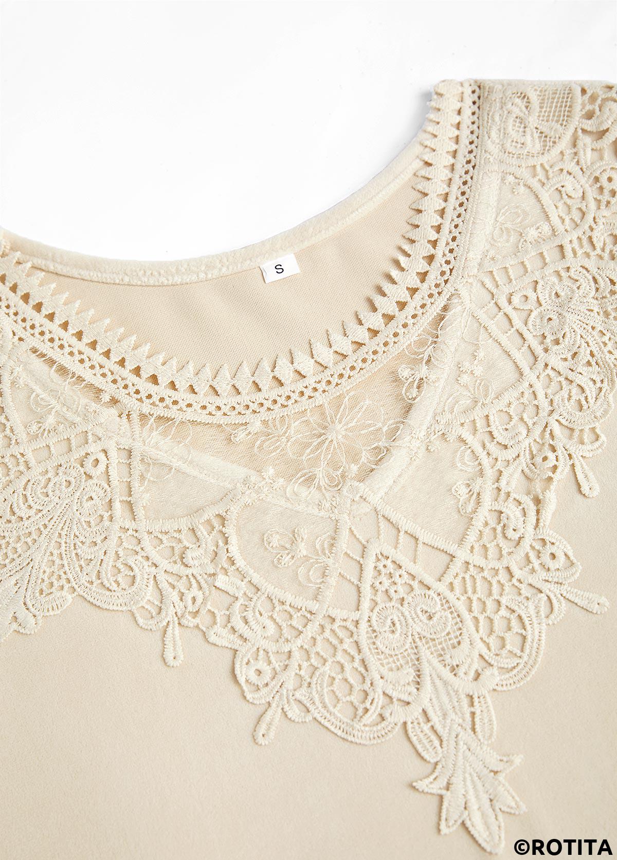 Beige plus size,Plain Color plus size,ROTITA Plus Size Embroidery Beige Round Neck T Shirt