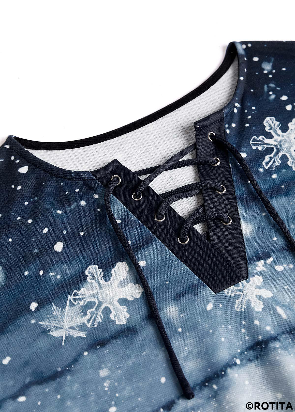 Dusty Blue tops,Christmas tops,ROTITA Lace Up Snowflake Print Dusty Blue Long Sleeve Sweatshirt