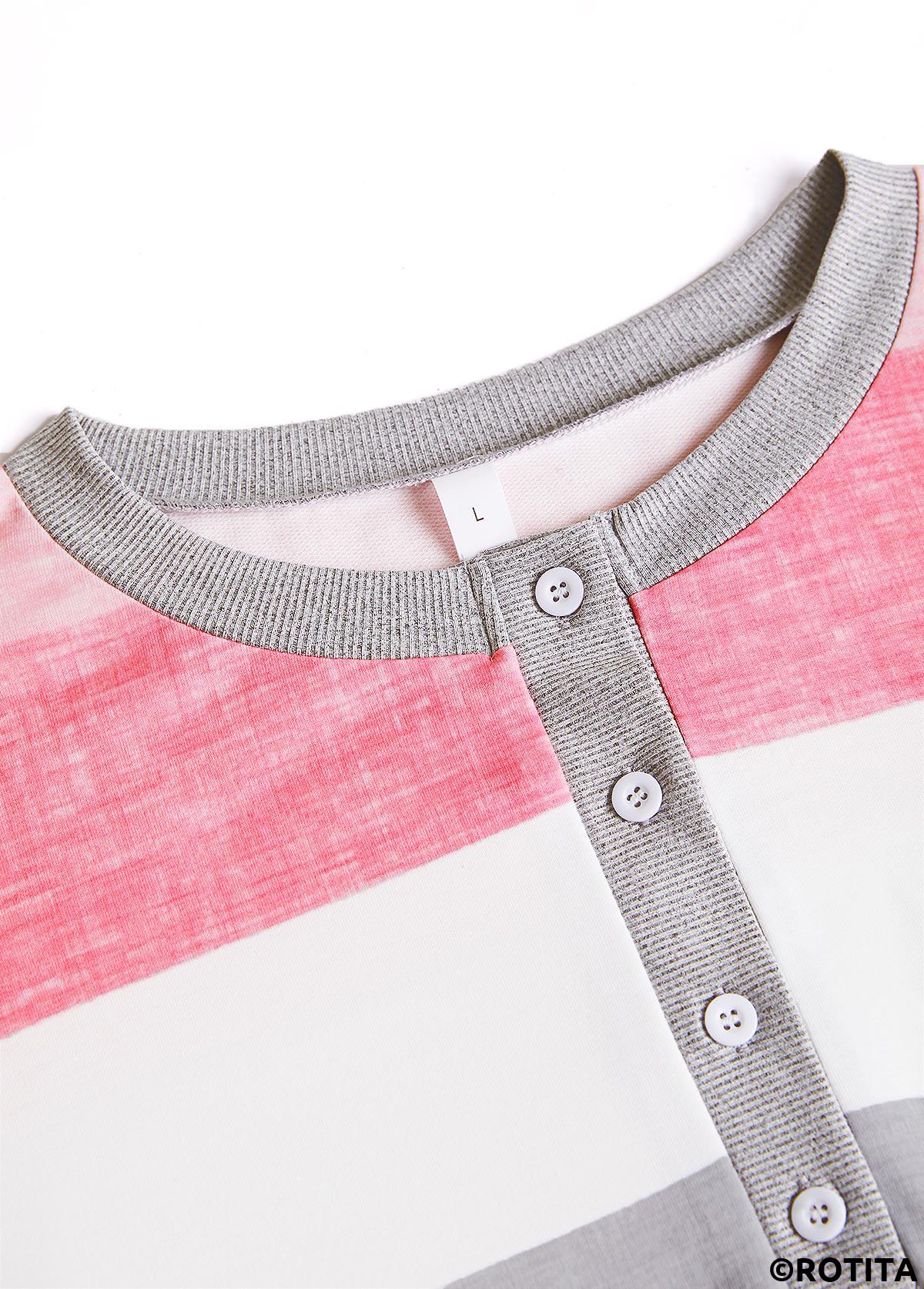 Pink tops,Striped tops,Geometric tops,ROTITA Patchwork Striped Pink Split Neck Long Sleeve Sweatshirt