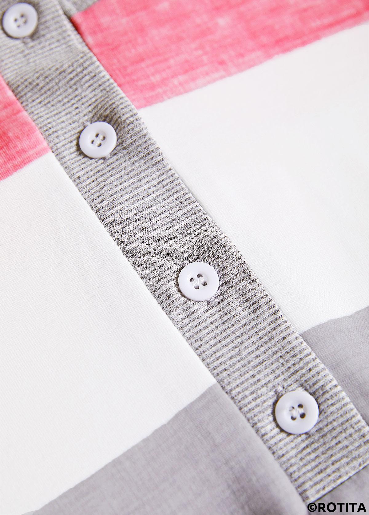 Pink tops,Striped tops,Geometric tops,ROTITA Patchwork Striped Pink Split Neck Long Sleeve Sweatshirt