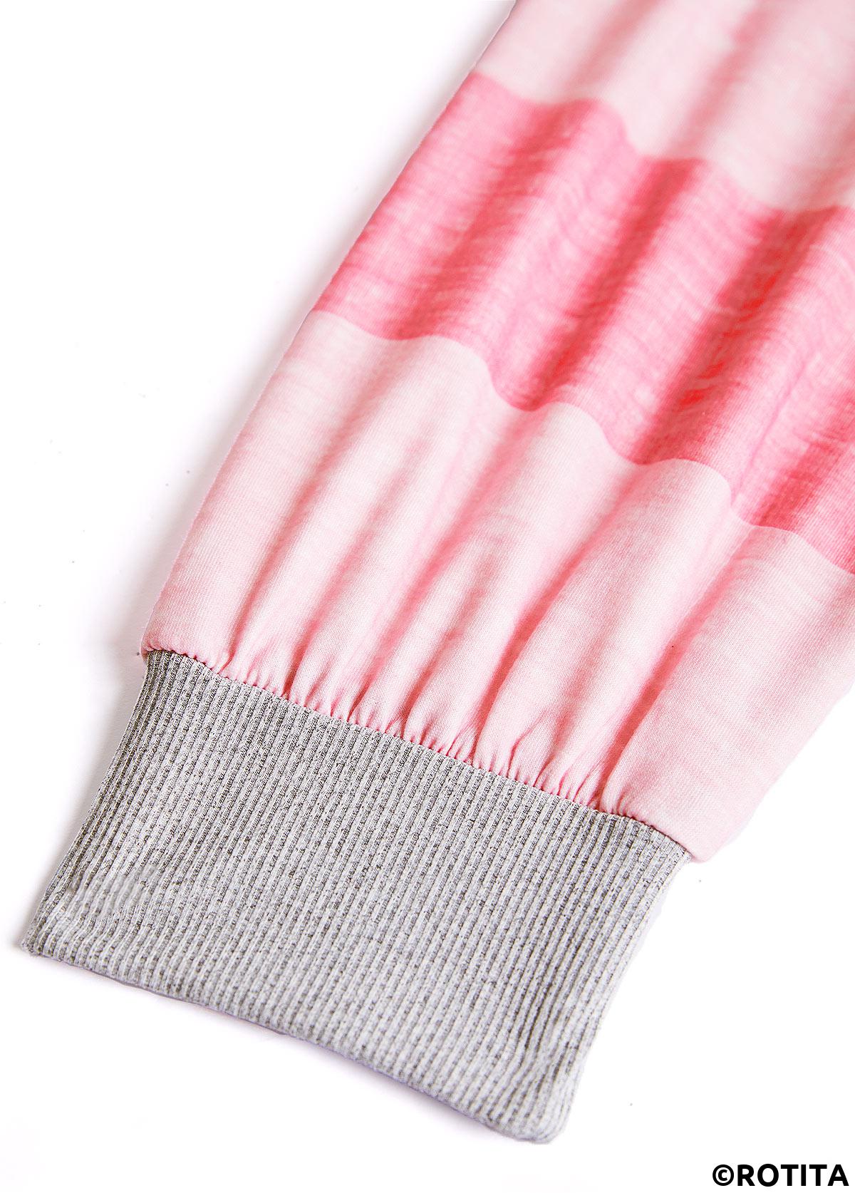 Pink tops,Striped tops,Geometric tops,ROTITA Patchwork Striped Pink Split Neck Long Sleeve Sweatshirt