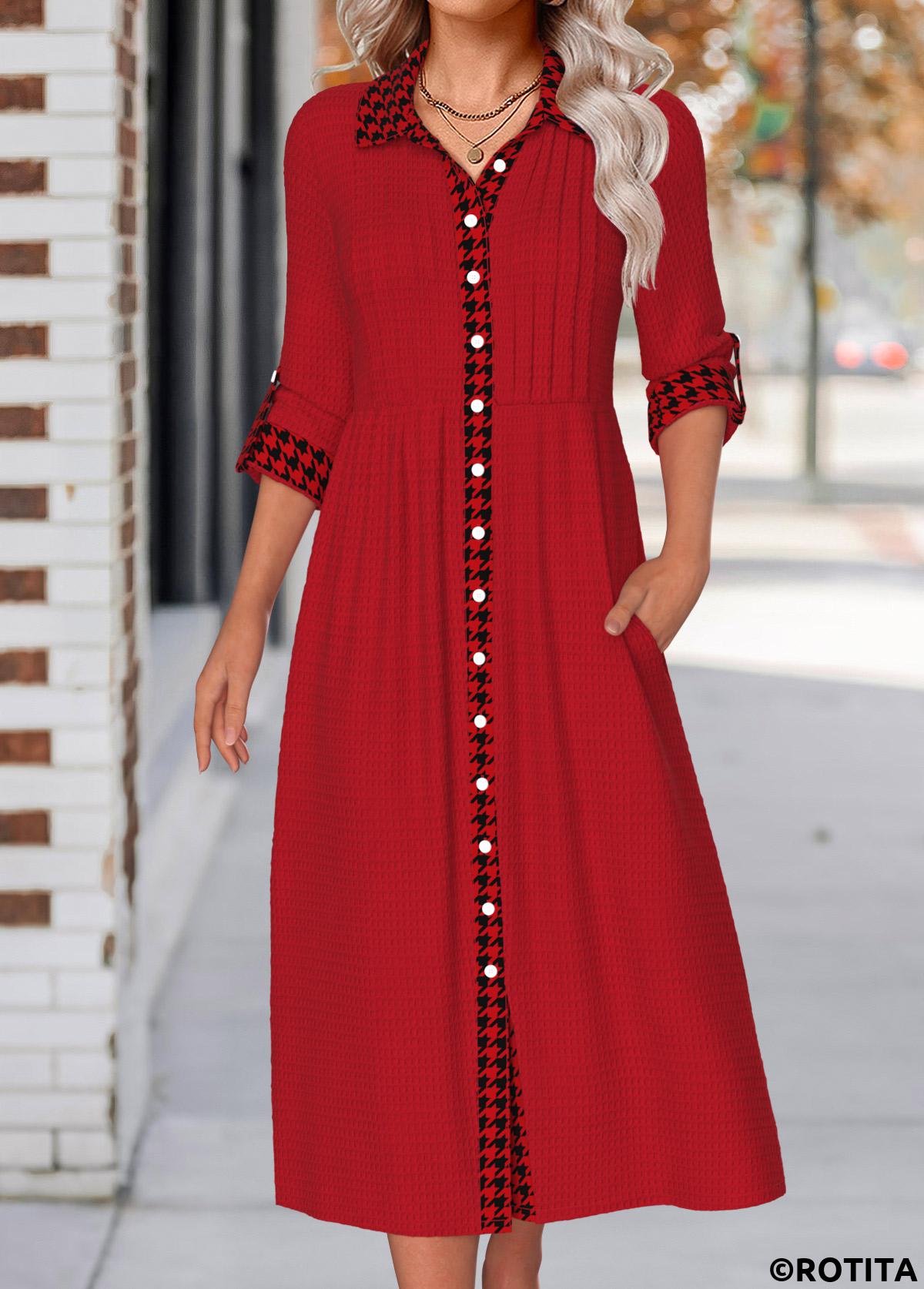 Wine Red dresses,Plaid dresses,Everyday dresses,Casual dresses,ROTITA Button Plaid Wine Red Shirt Collar Long Sleeve Dress