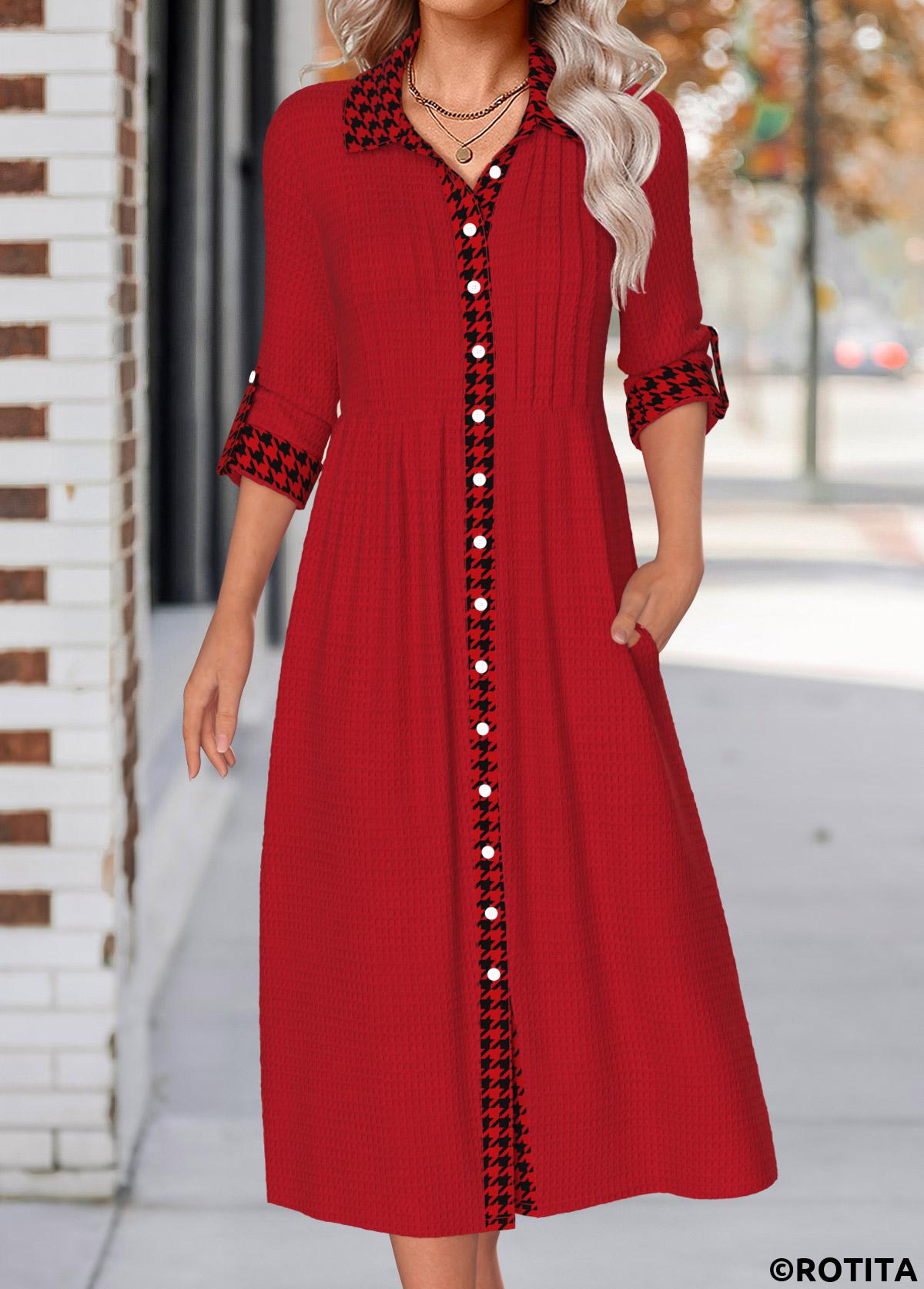 Wine Red dresses,Plaid dresses,Everyday dresses,Casual dresses,ROTITA Button Plaid Wine Red Shirt Collar Long Sleeve Dress