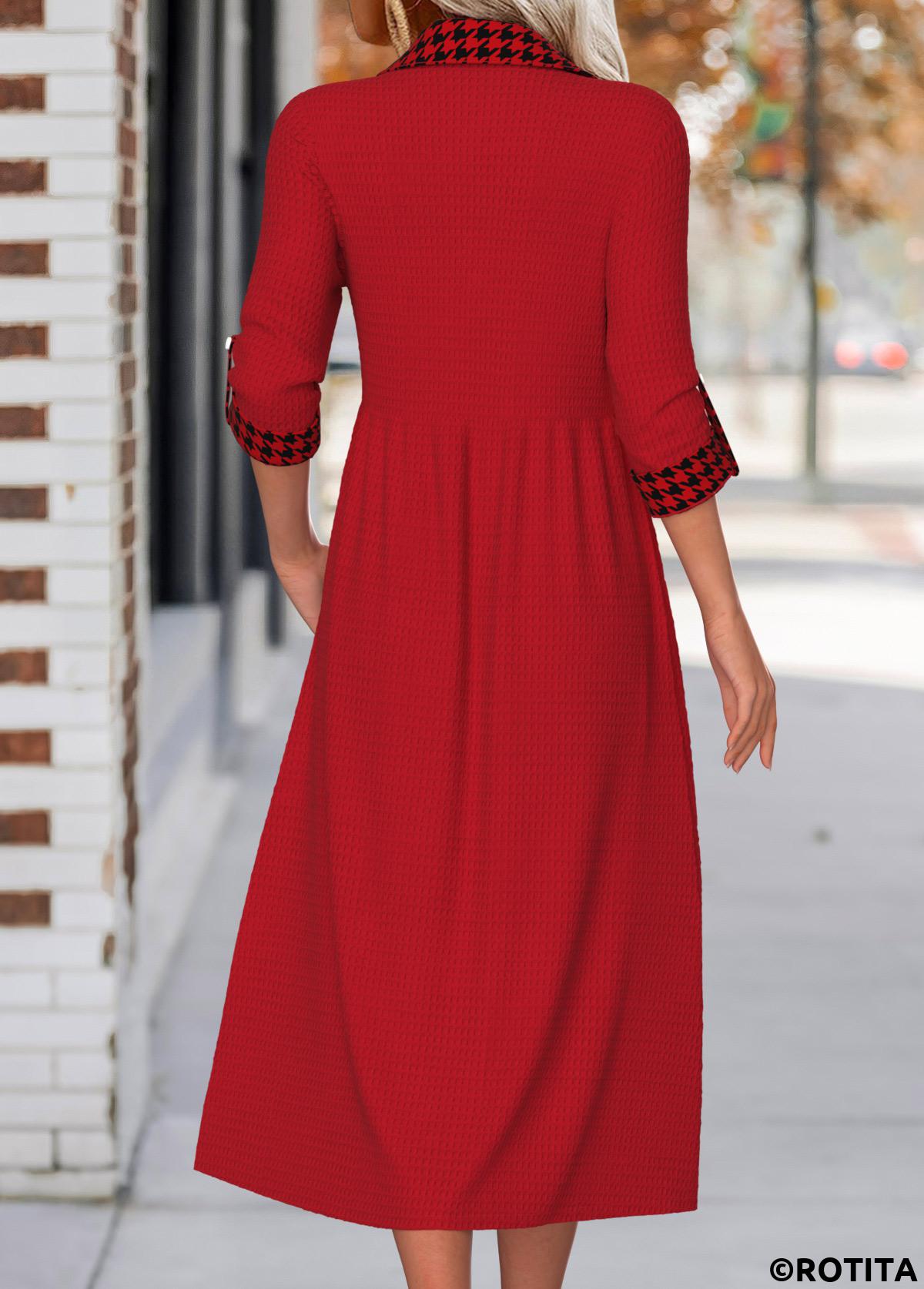 Wine Red dresses,Plaid dresses,Everyday dresses,Casual dresses,ROTITA Button Plaid Wine Red Shirt Collar Long Sleeve Dress