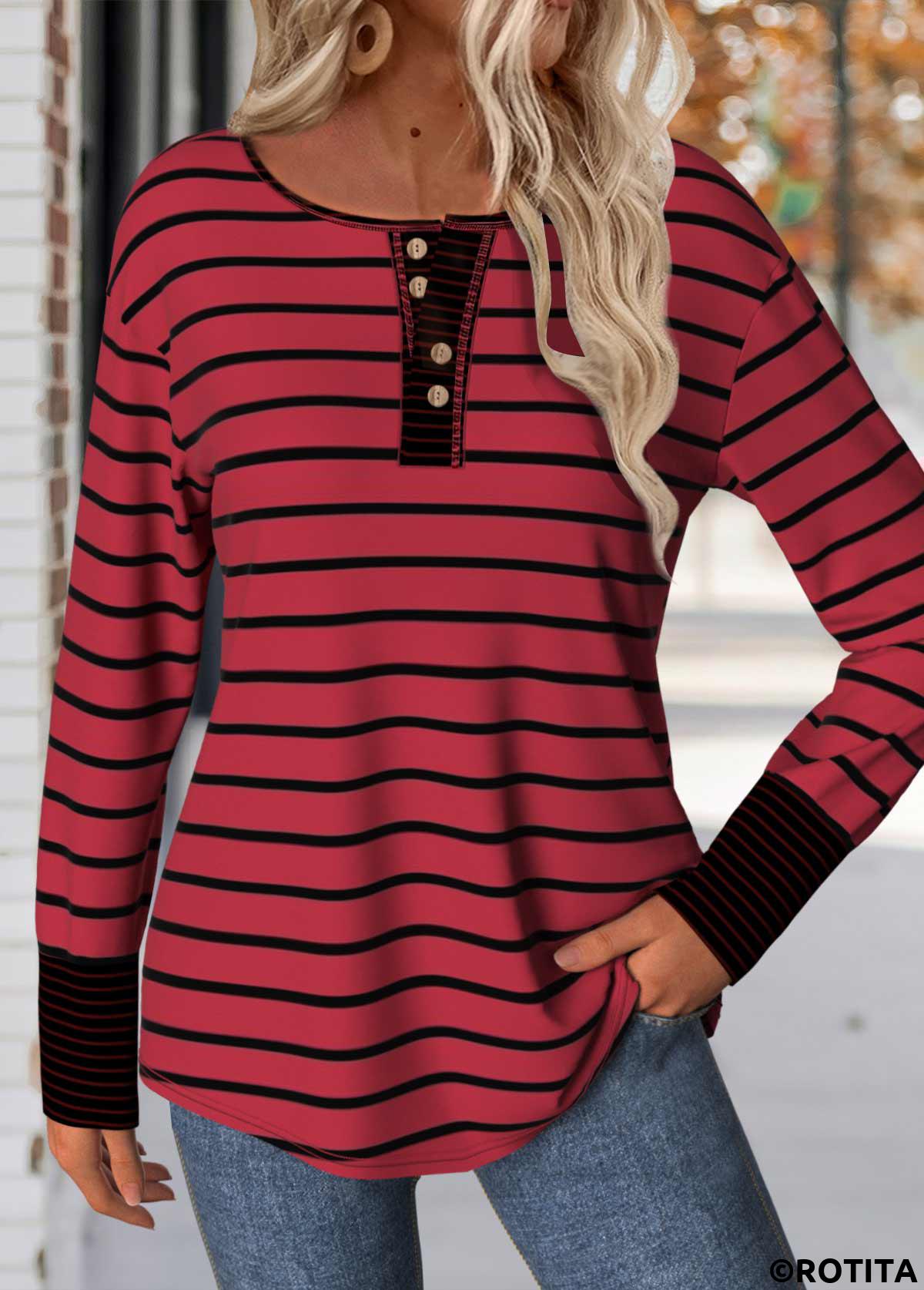 Wine Red tops,Striped tops,Geometric tops,ROTITA Patchwork Striped Wine Red Round Neck T Shirt