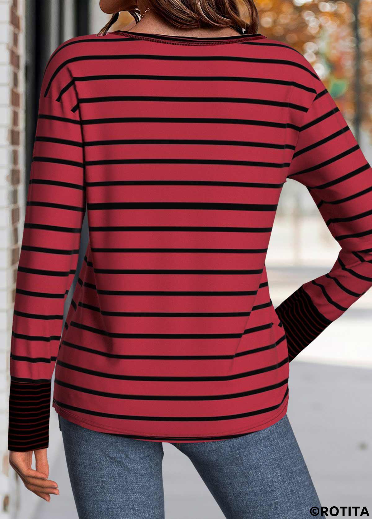 Wine Red tops,Striped tops,Geometric tops,ROTITA Patchwork Striped Wine Red Round Neck T Shirt