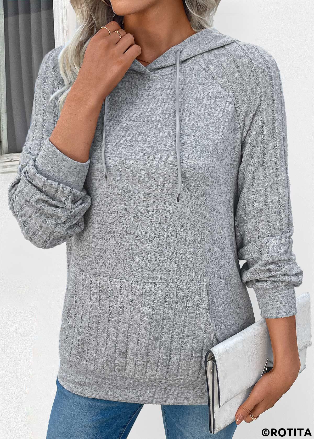 Grey tops,Plain Color tops,ROTITA Drawstring Grey Long Sleeve Patchwork Hoodie