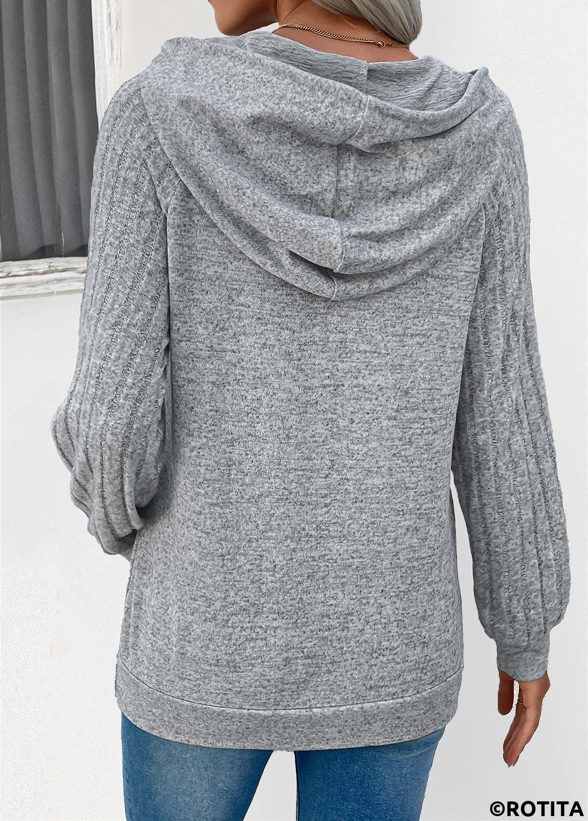 Grey tops,Plain Color tops,ROTITA Drawstring Grey Long Sleeve Patchwork Hoodie