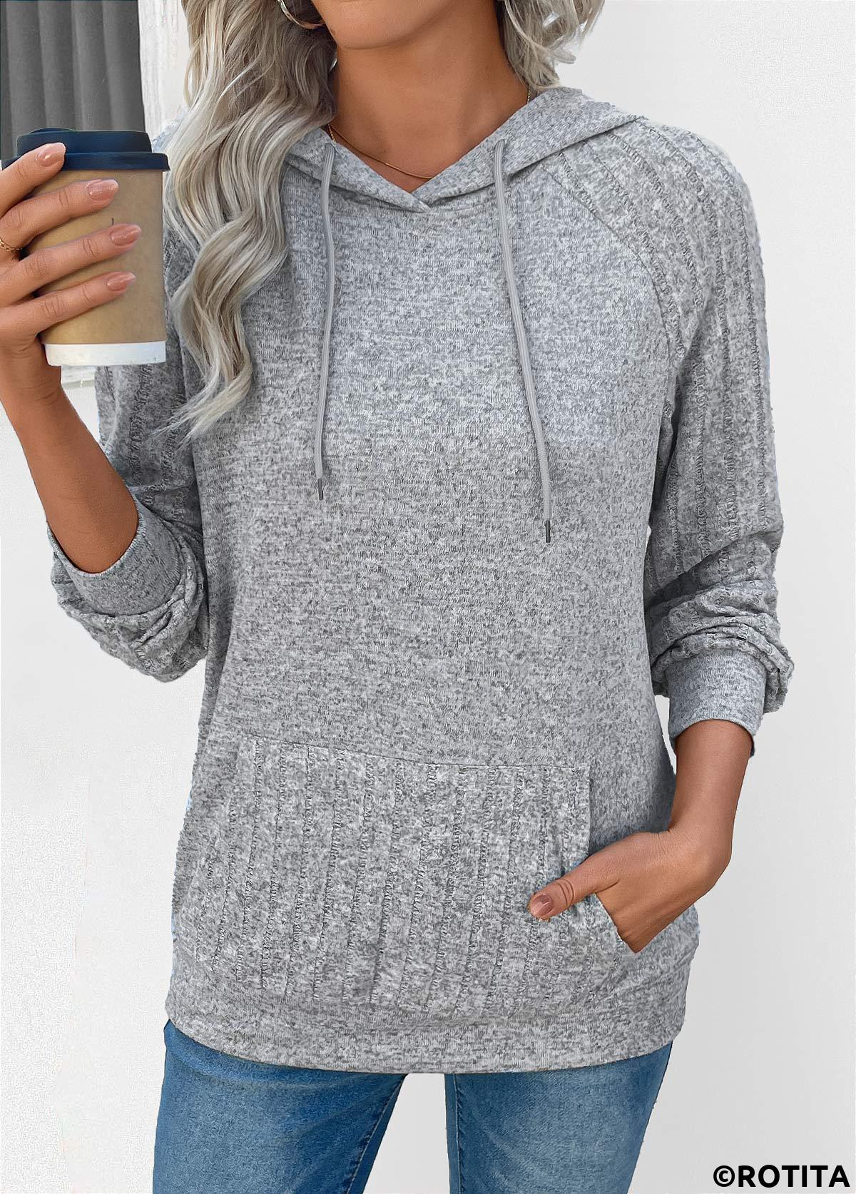 Grey tops,Plain Color tops,ROTITA Drawstring Grey Long Sleeve Patchwork Hoodie
