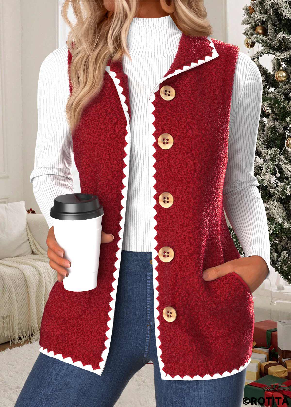 Red tops,Plain Color tops,ROTITA Button Red Stand Collar Sleeveless Waistcoat
