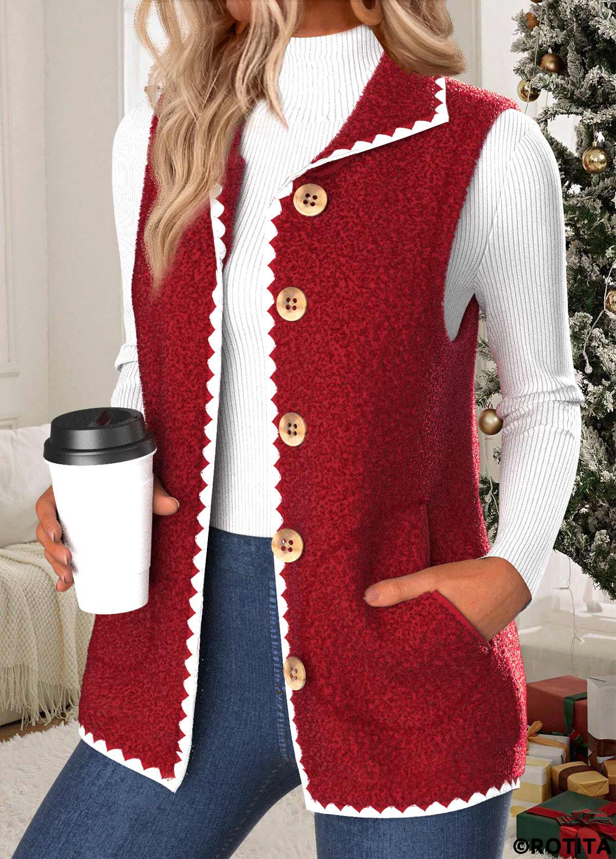 Red tops,Plain Color tops,ROTITA Button Red Stand Collar Sleeveless Waistcoat