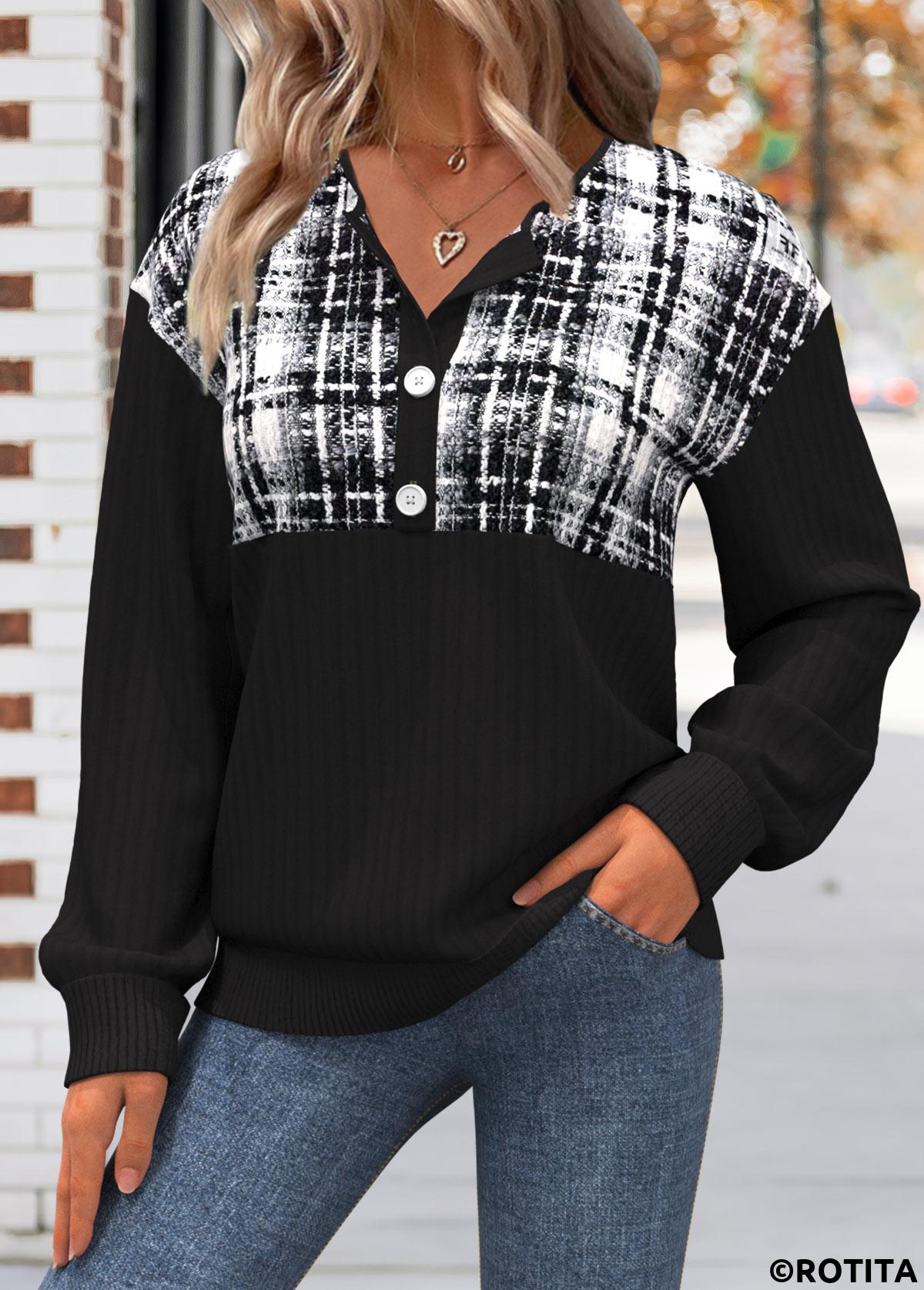 ROTITA Button Plaid Black Split Neck Long Sleeve Sweatshirt