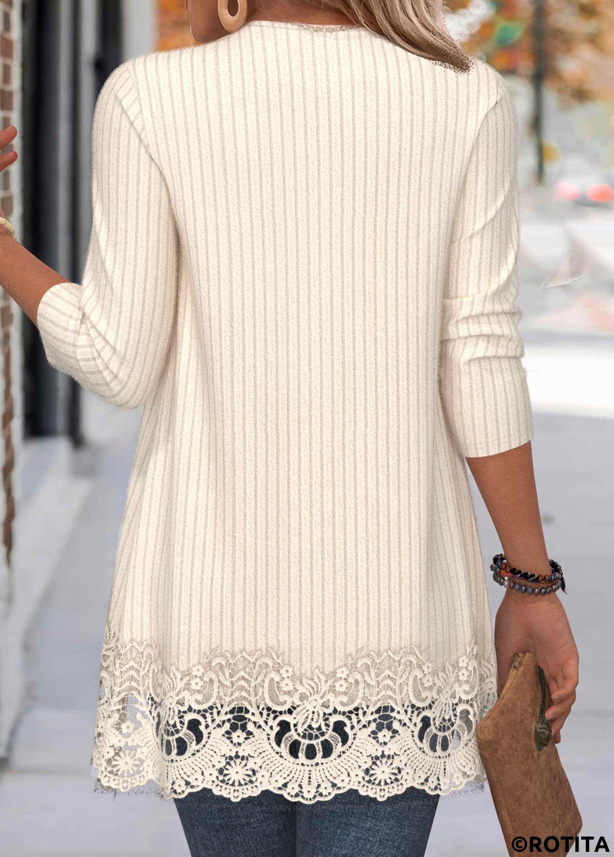 Beige tops,Plain Color tops,ROTITA Embroidery Beige Long Sleeve Patchwork Coat