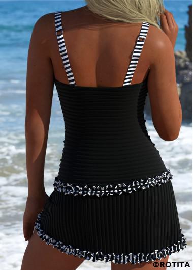 ROTITA Contrast Binding Black Striped Tankini Set