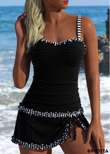ROTITA Contrast Binding Black Striped Tankini Set