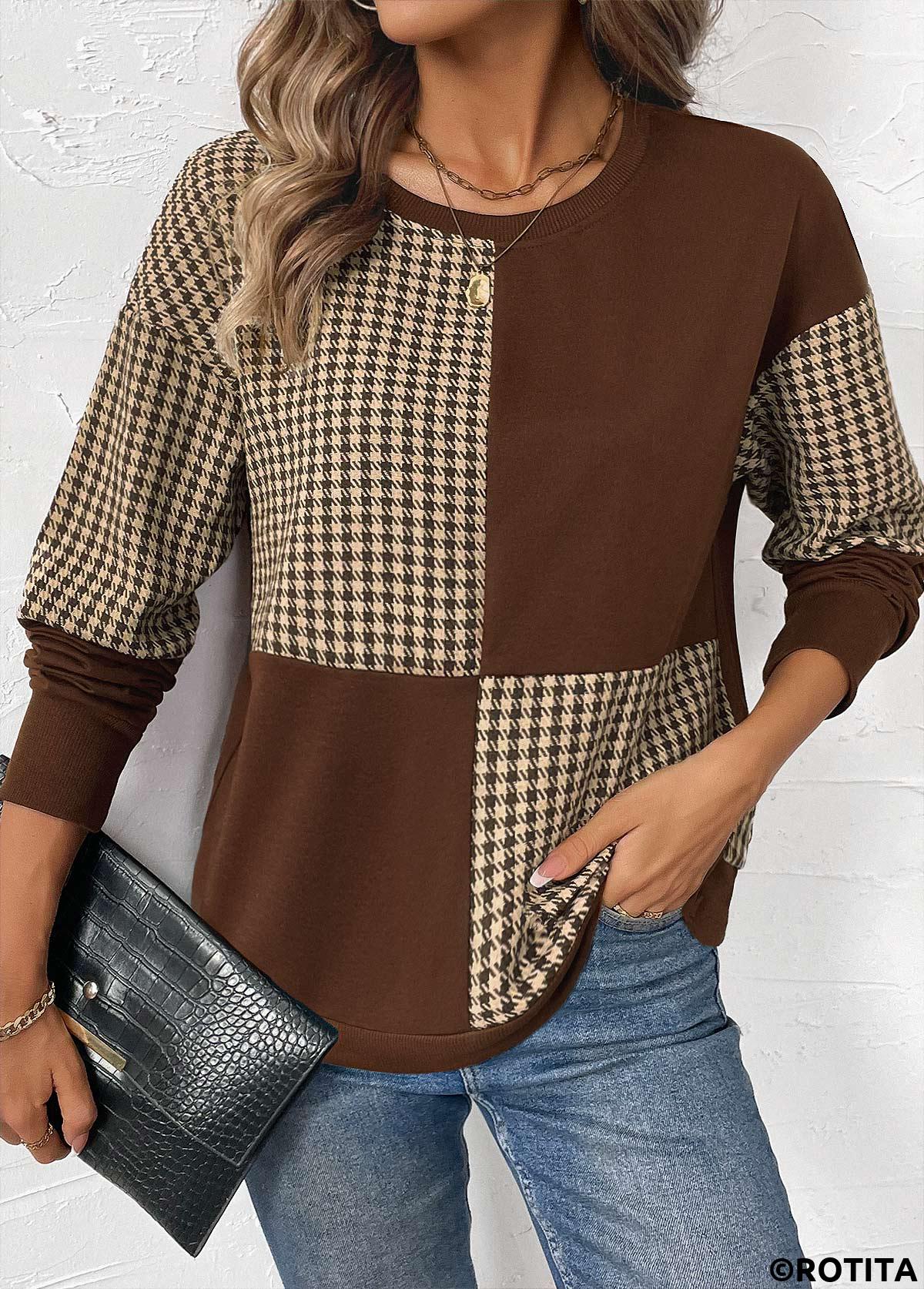 Dark Coffee tops,Geometric tops,Plaid tops,ROTITA Patchwork Plaid Dark Coffee Round Neck Long Sleeve Sweatshirt