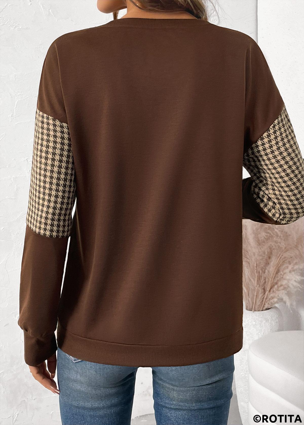 Dark Coffee tops,Geometric tops,Plaid tops,ROTITA Patchwork Plaid Dark Coffee Round Neck Long Sleeve Sweatshirt