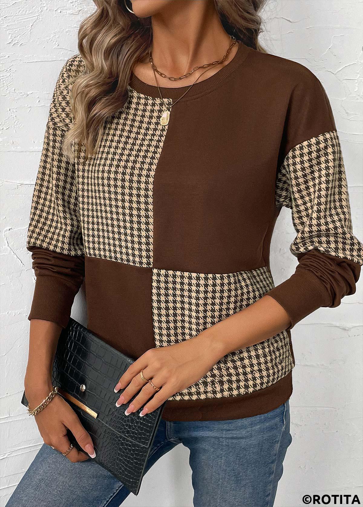 Dark Coffee tops,Geometric tops,Plaid tops,ROTITA Patchwork Plaid Dark Coffee Round Neck Long Sleeve Sweatshirt