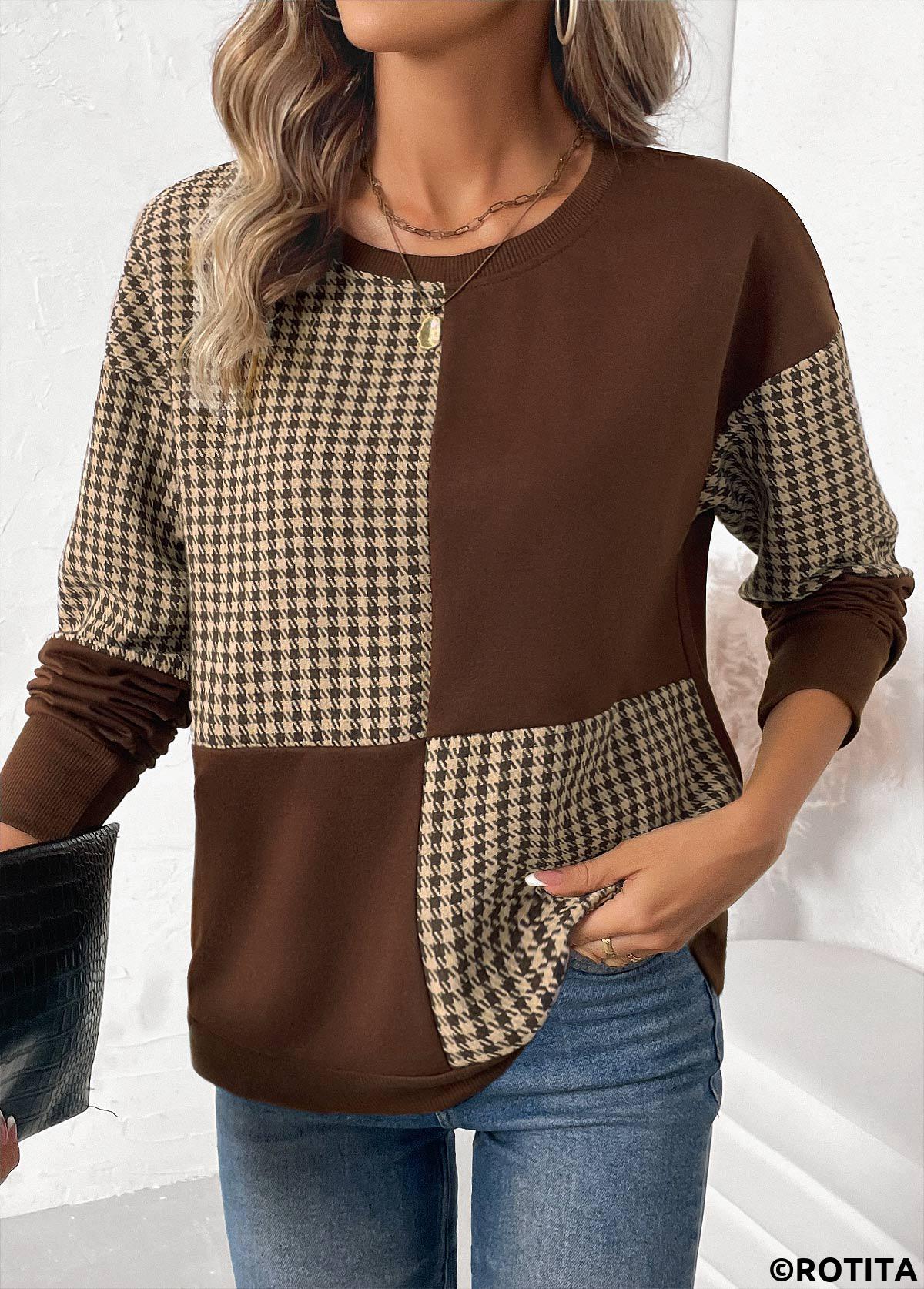 Dark Coffee tops,Geometric tops,Plaid tops,ROTITA Patchwork Plaid Dark Coffee Round Neck Long Sleeve Sweatshirt