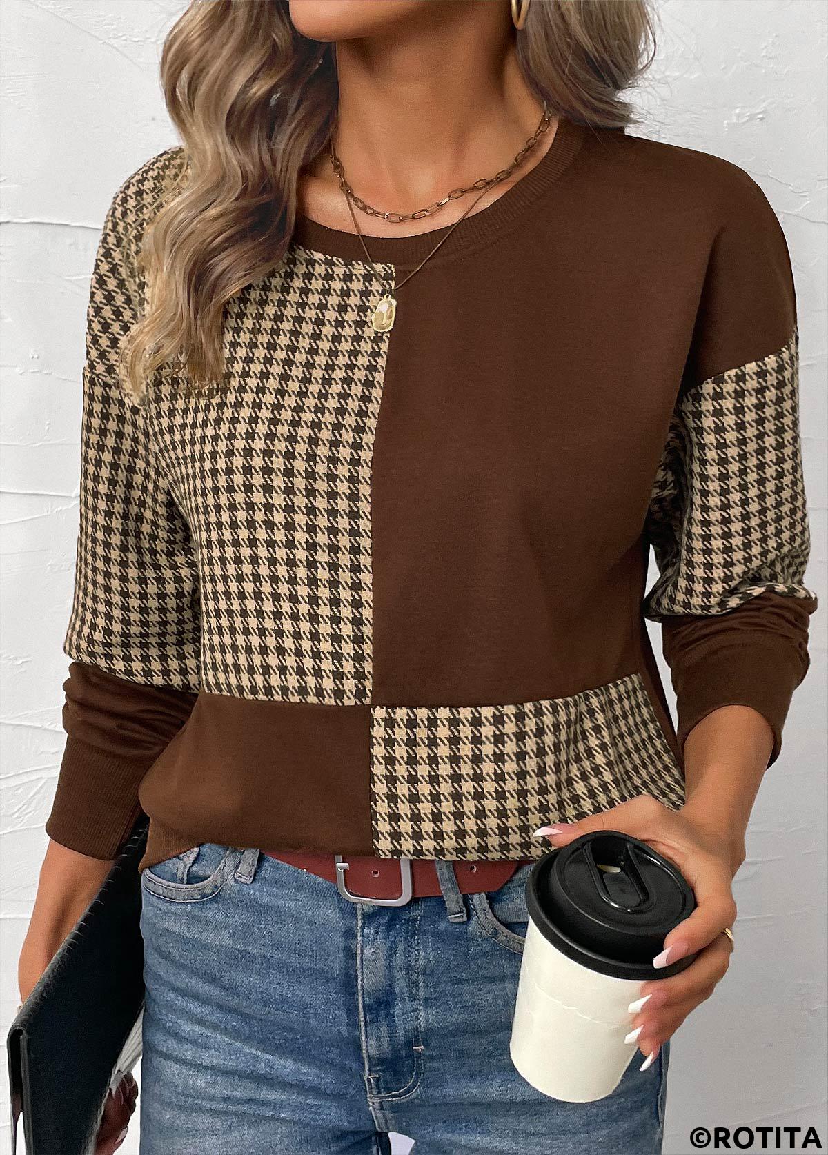 Dark Coffee tops,Geometric tops,Plaid tops,ROTITA Patchwork Plaid Dark Coffee Round Neck Long Sleeve Sweatshirt