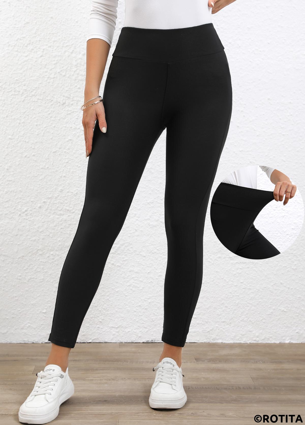 Black bottoms,Plain Color bottoms,Black High Waisted Elastic Waist Ankle Length Leggings