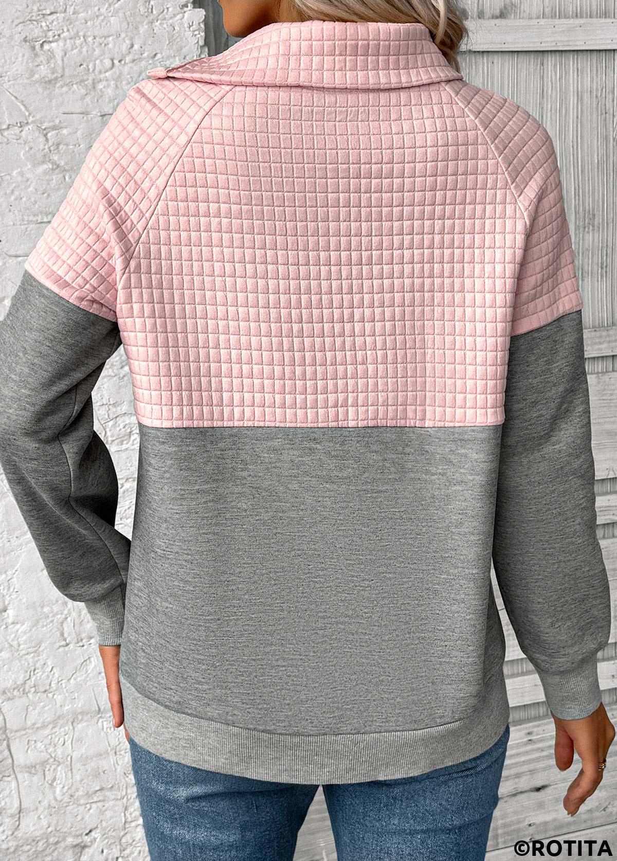 Grey tops,Light Pink tops,Contrast Color tops,ROTITA Patchwork Grey Asymmetrical Neck Long Sleeve Sweatshirt