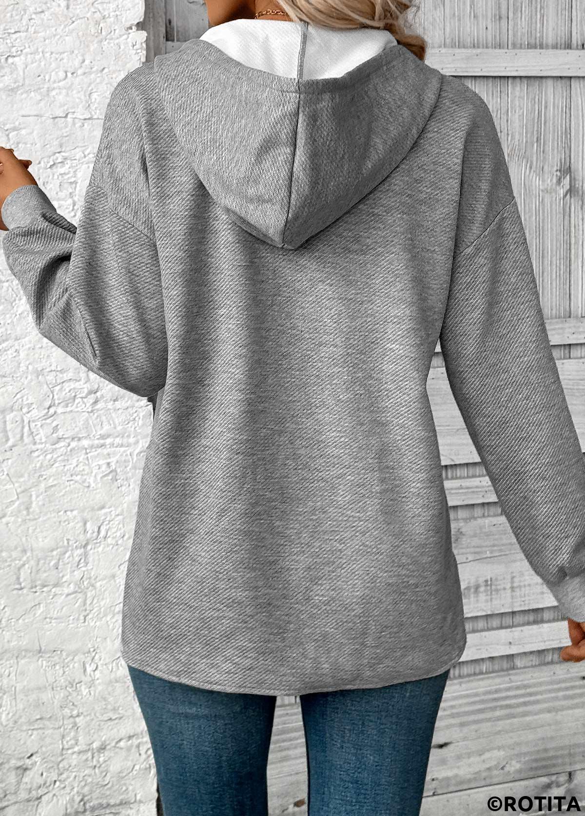 Grey plus size,Plain Color plus size,ROTITA Plus Size Embroidery Grey Long Sleeve Hoodie