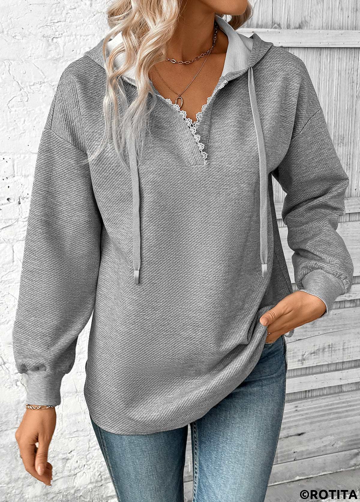 Grey plus size,Plain Color plus size,ROTITA Plus Size Embroidery Grey Long Sleeve Hoodie