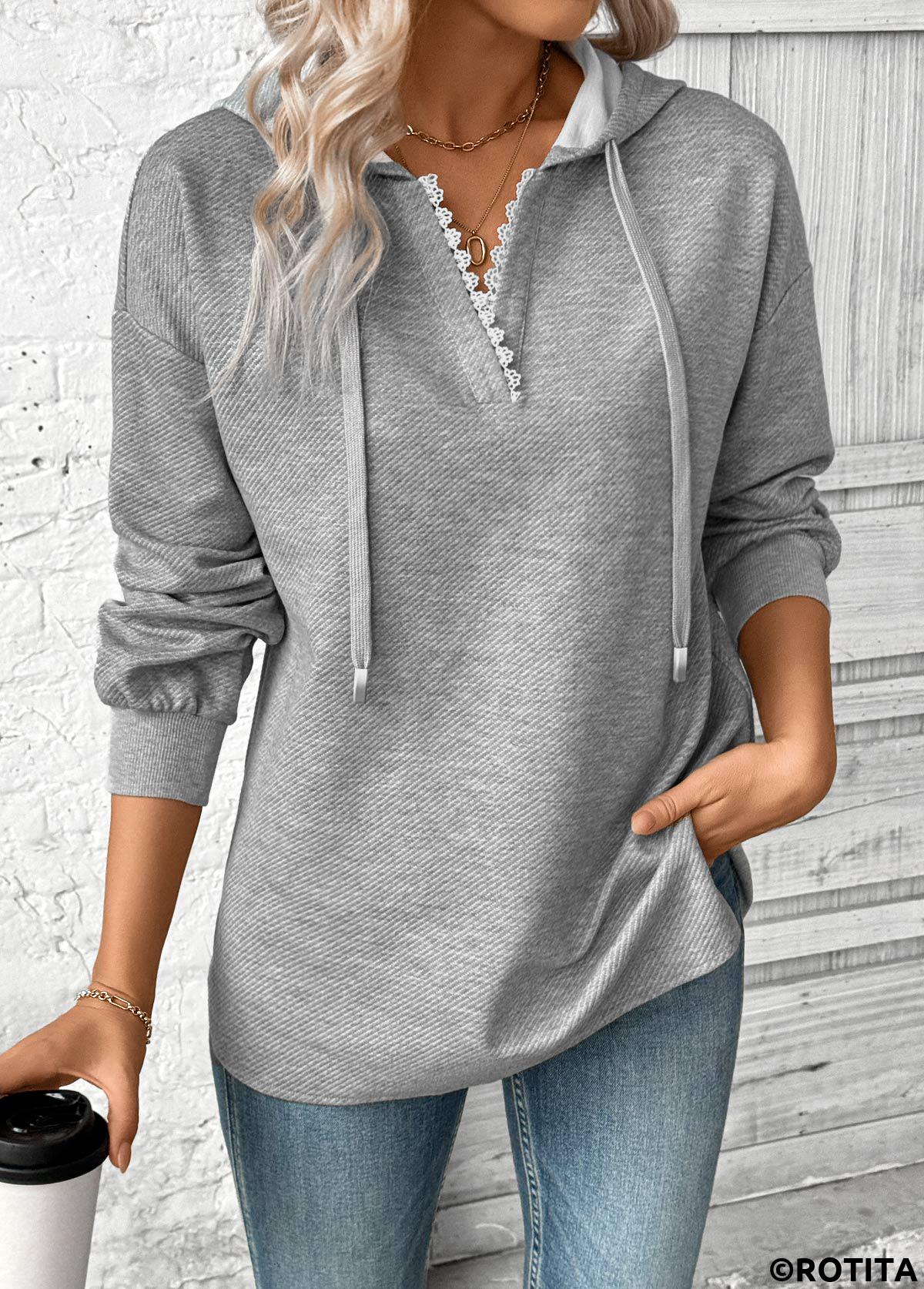 Grey plus size,Plain Color plus size,ROTITA Plus Size Embroidery Grey Long Sleeve Hoodie