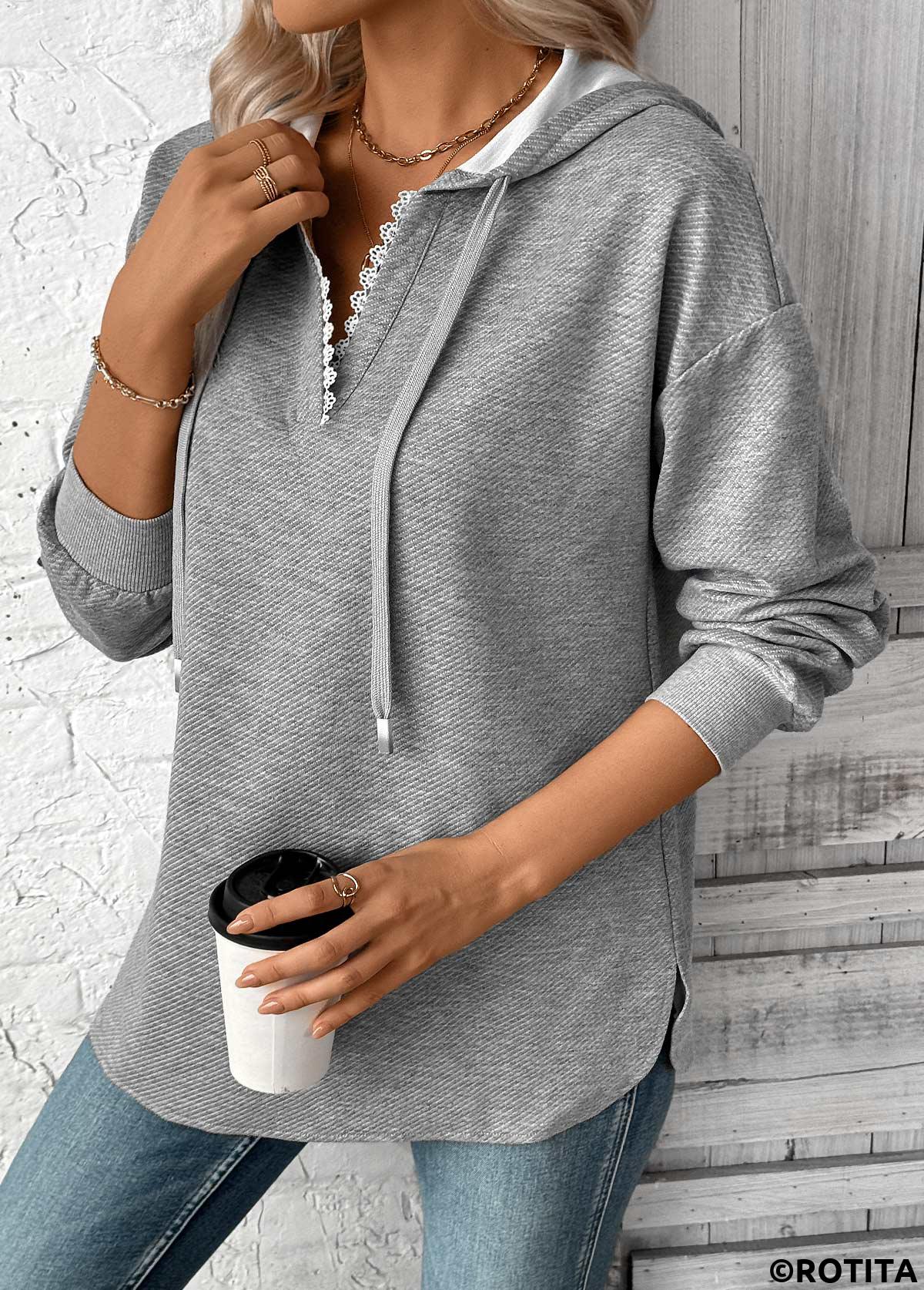Grey plus size,Plain Color plus size,ROTITA Plus Size Embroidery Grey Long Sleeve Hoodie