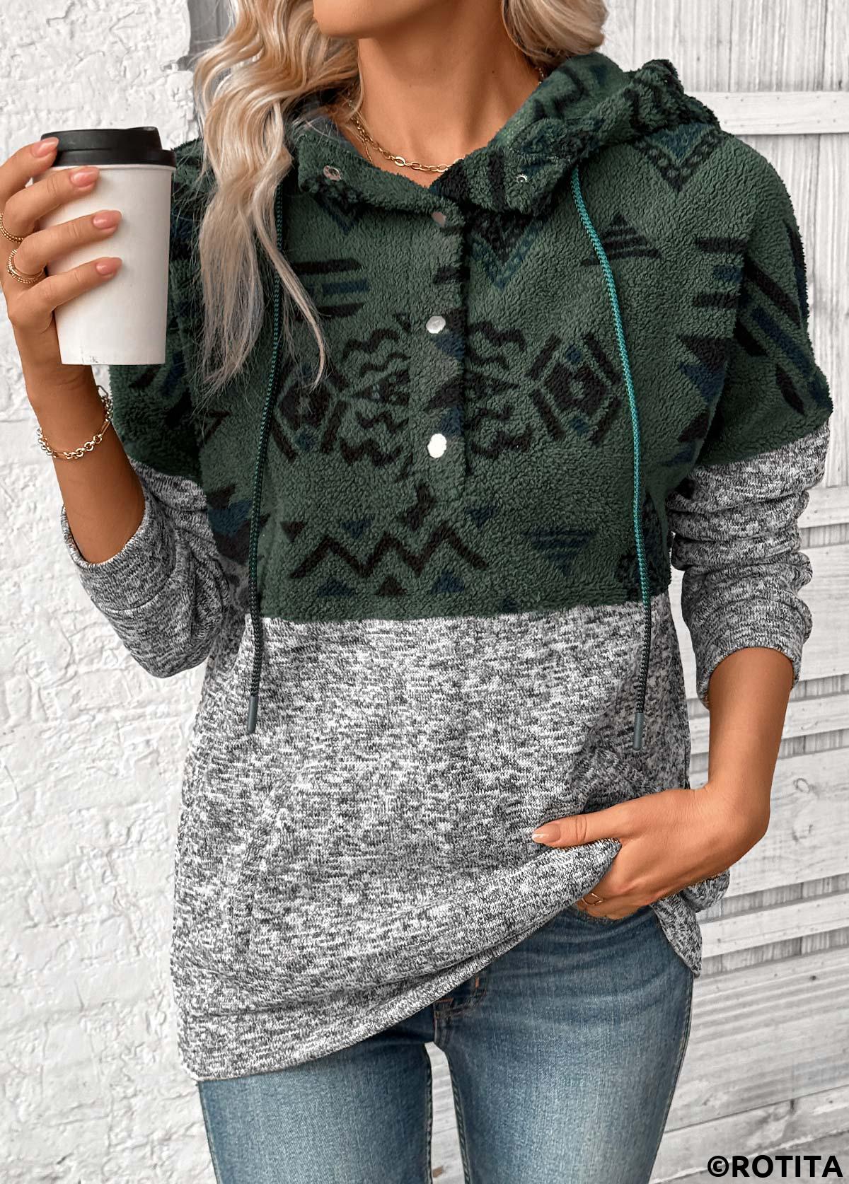 Grey tops,Tribal tops,ROTITA Patchwork Tribal Print Grey Long Sleeve Hoodie