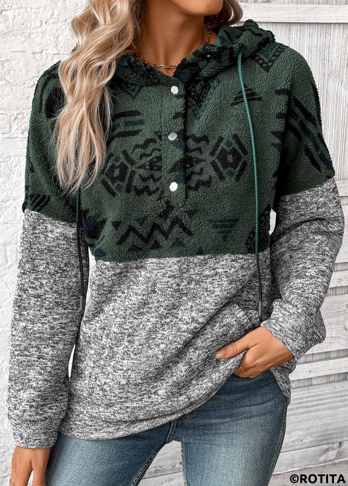 Grey tops,Tribal tops,ROTITA Patchwork Tribal Print Grey Long Sleeve Hoodie