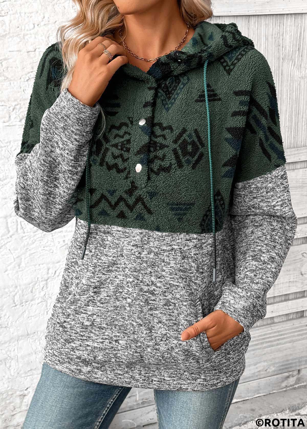 Grey tops,Tribal tops,ROTITA Patchwork Tribal Print Grey Long Sleeve Hoodie