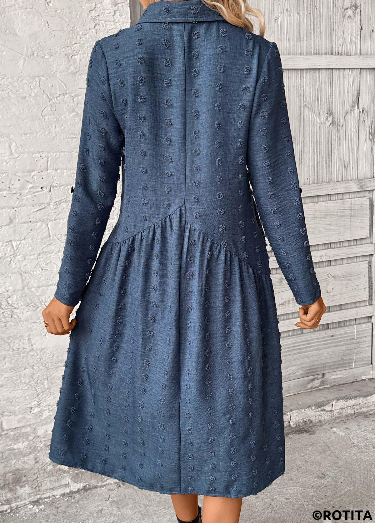 Denim Blue dresses,Plain Color dresses,Party dresses,Elegant dresses,ROTITA Patchwork Denim Blue A Line Shirt Collar Dress