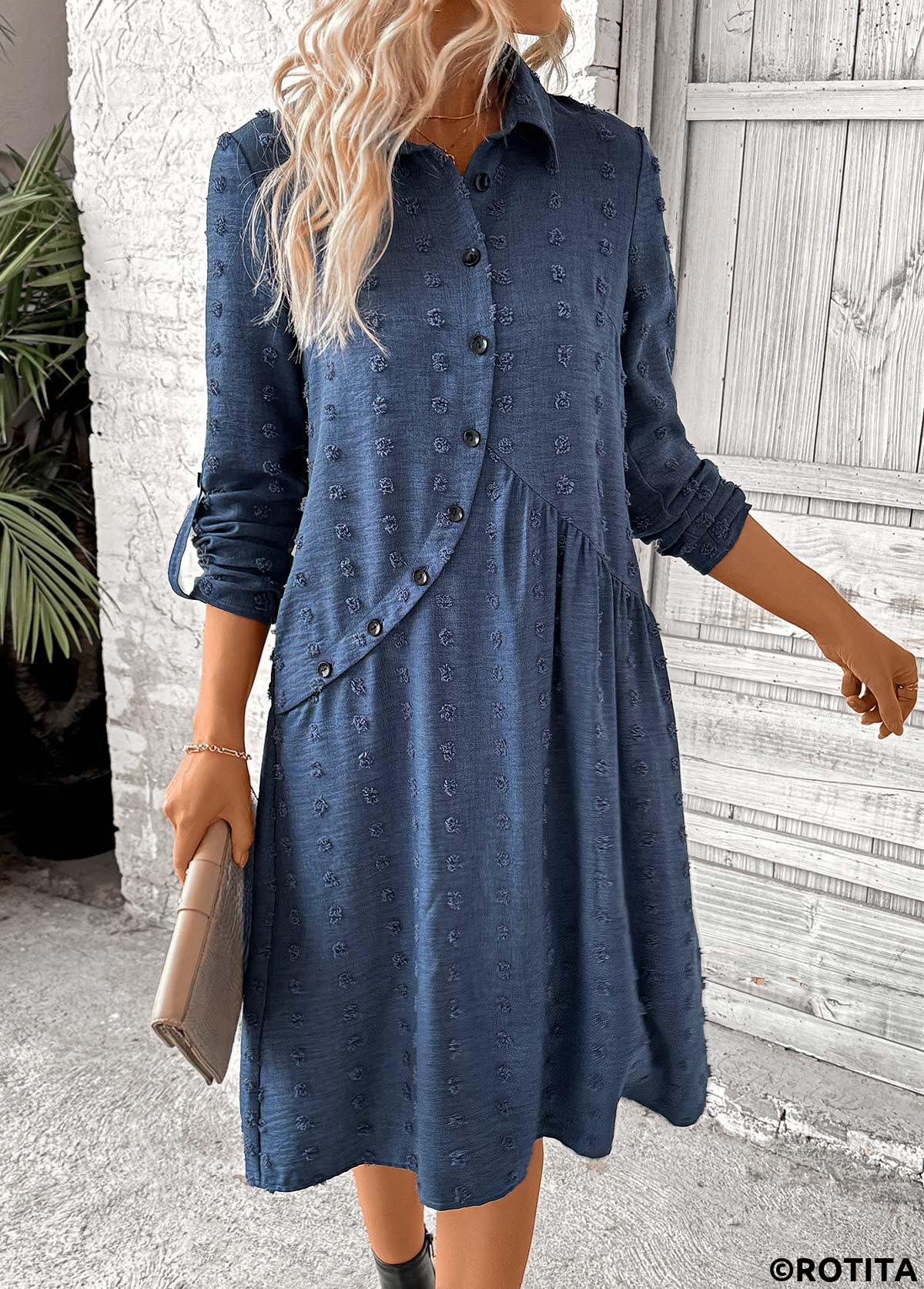 Denim Blue dresses,Plain Color dresses,Party dresses,Elegant dresses,ROTITA Patchwork Denim Blue A Line Shirt Collar Dress