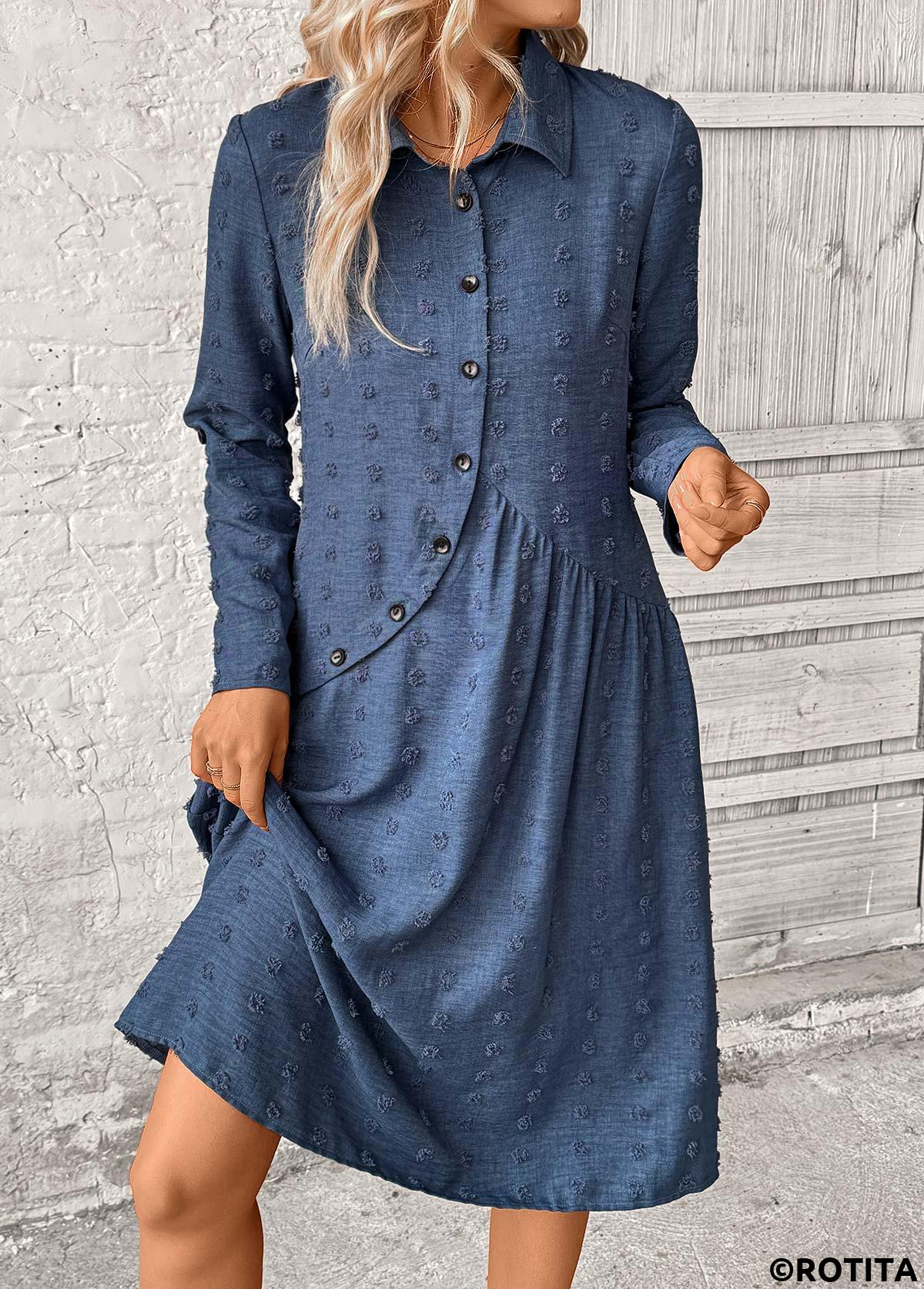 Denim Blue dresses,Plain Color dresses,Party dresses,Elegant dresses,ROTITA Patchwork Denim Blue A Line Shirt Collar Dress