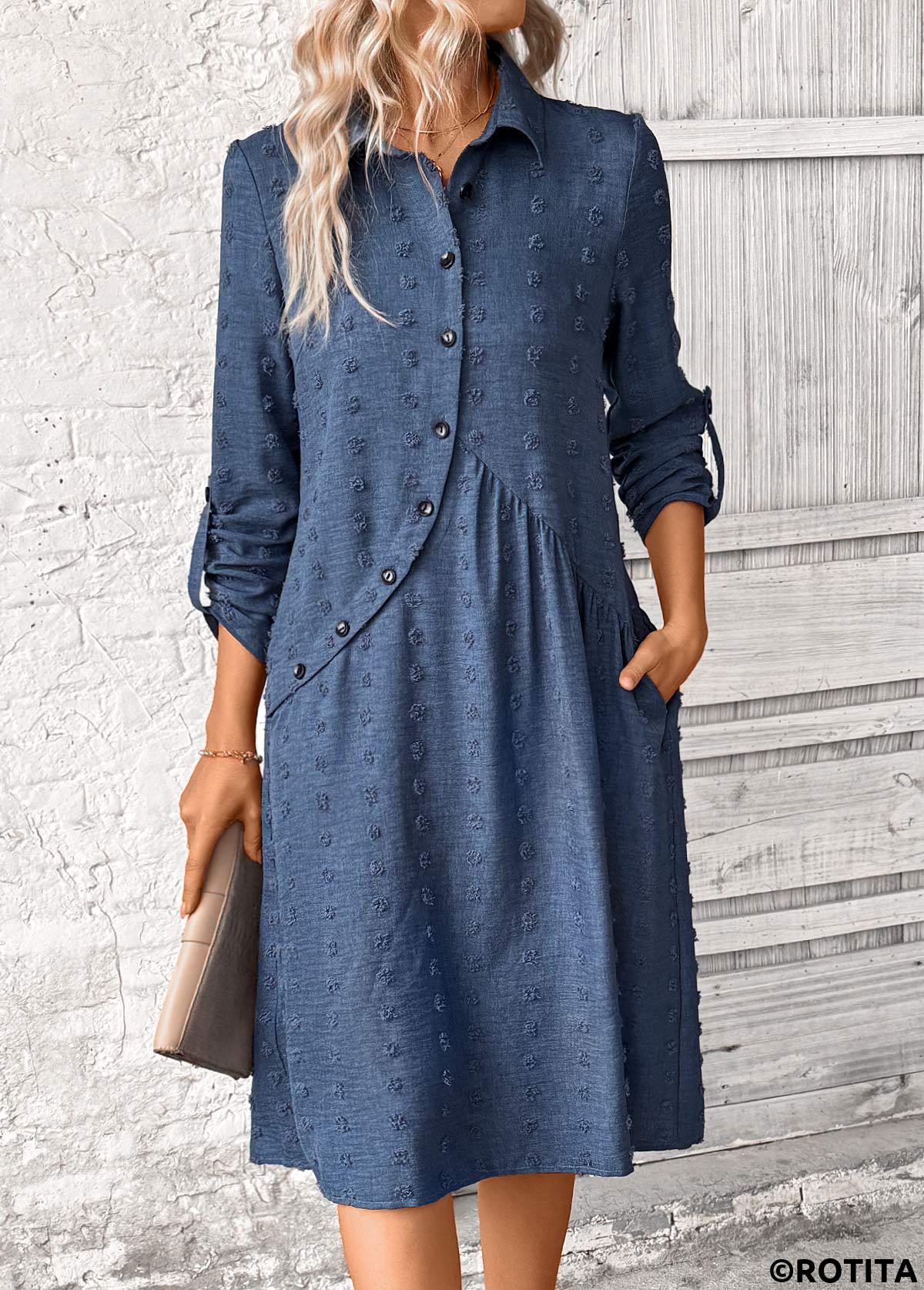 Denim Blue dresses,Plain Color dresses,Party dresses,Elegant dresses,ROTITA Patchwork Denim Blue A Line Shirt Collar Dress