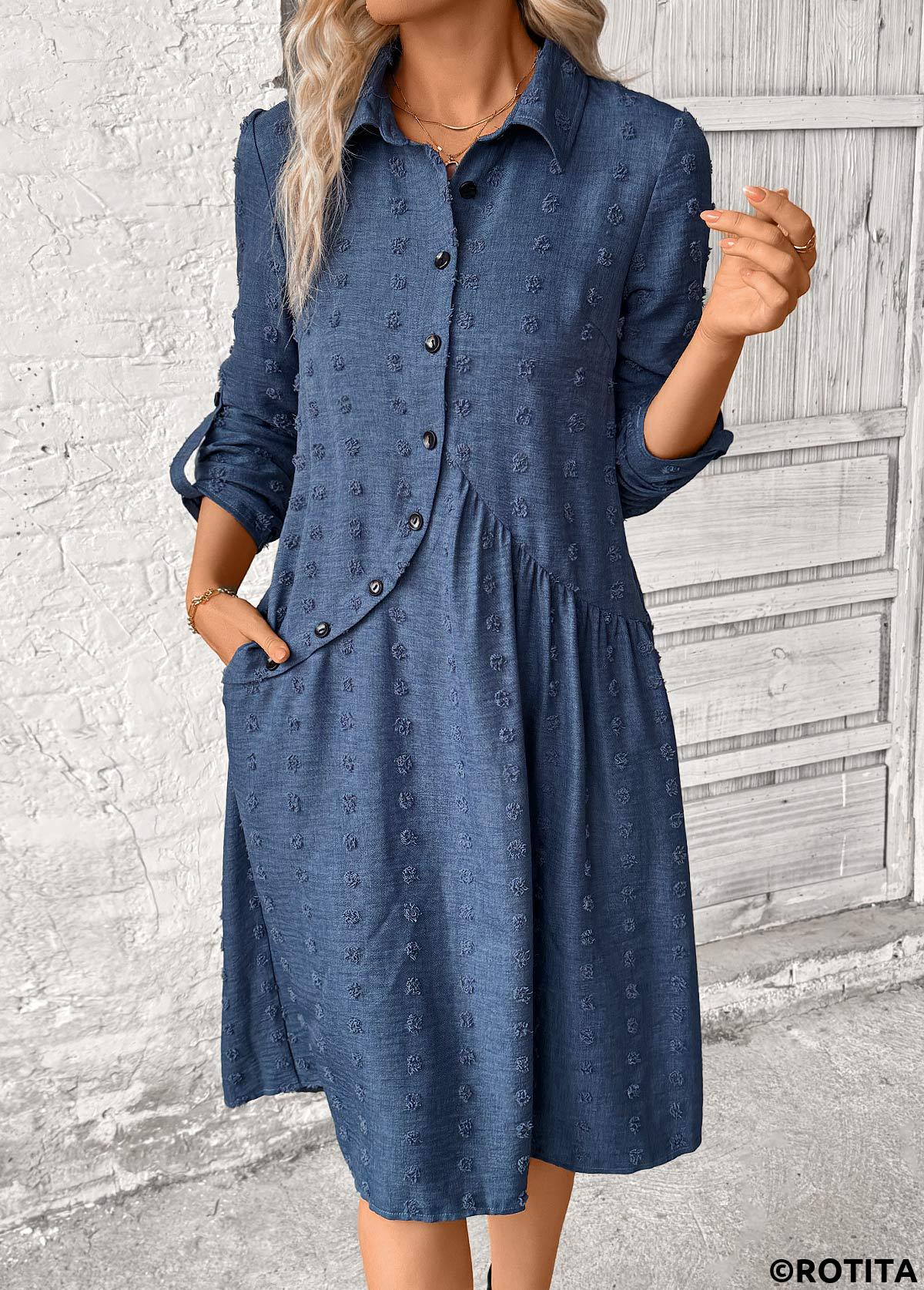 Denim Blue dresses,Plain Color dresses,Party dresses,Elegant dresses,ROTITA Patchwork Denim Blue A Line Shirt Collar Dress