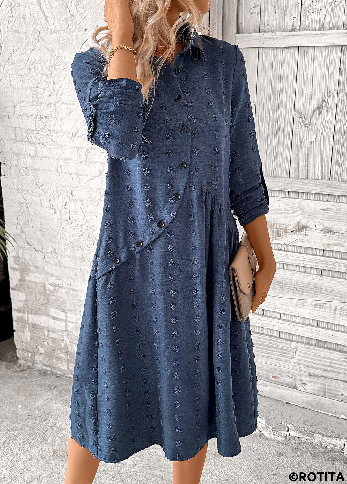 Denim Blue dresses,Plain Color dresses,Party dresses,Elegant dresses,ROTITA Patchwork Denim Blue A Line Shirt Collar Dress