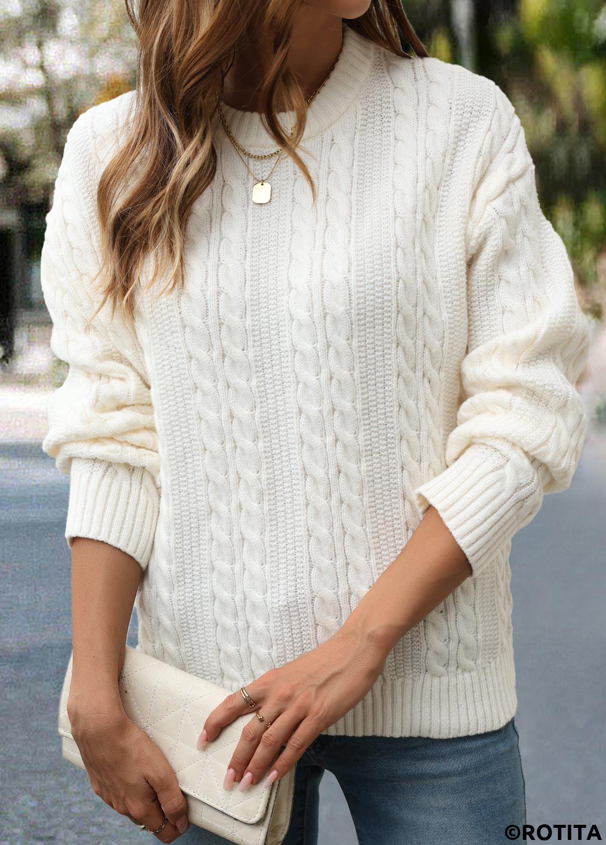 Beige tops,Plain Color tops,Patchwork Beige Round Neck Long Sleeve Sweater