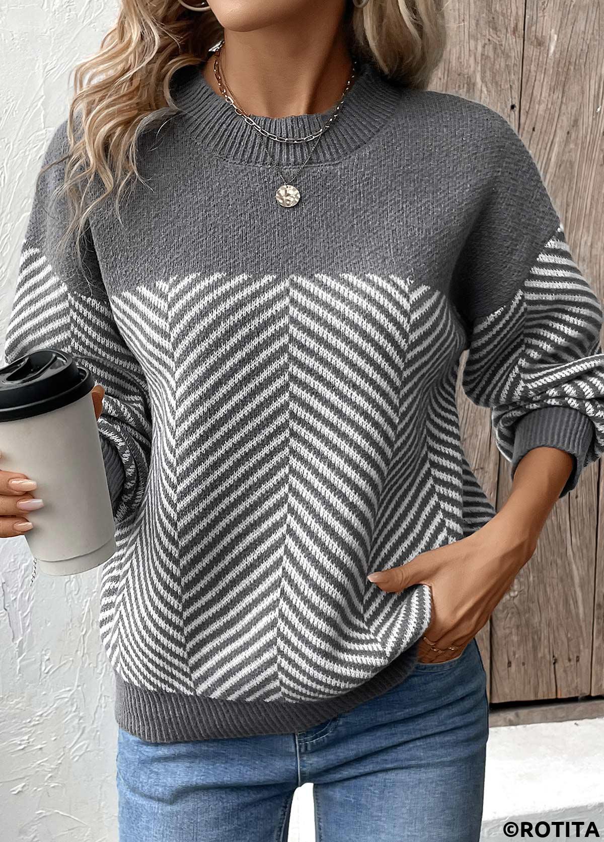 Dark Grey Marl tops,Striped tops,Geometric tops,Patchwork Striped Dark Grey Marl Round Neck Sweater