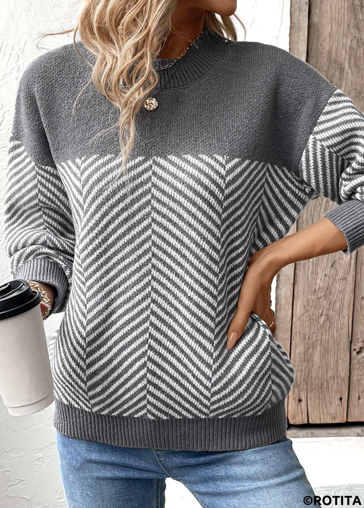 Dark Grey Marl tops,Striped tops,Geometric tops,Patchwork Striped Dark Grey Marl Round Neck Sweater