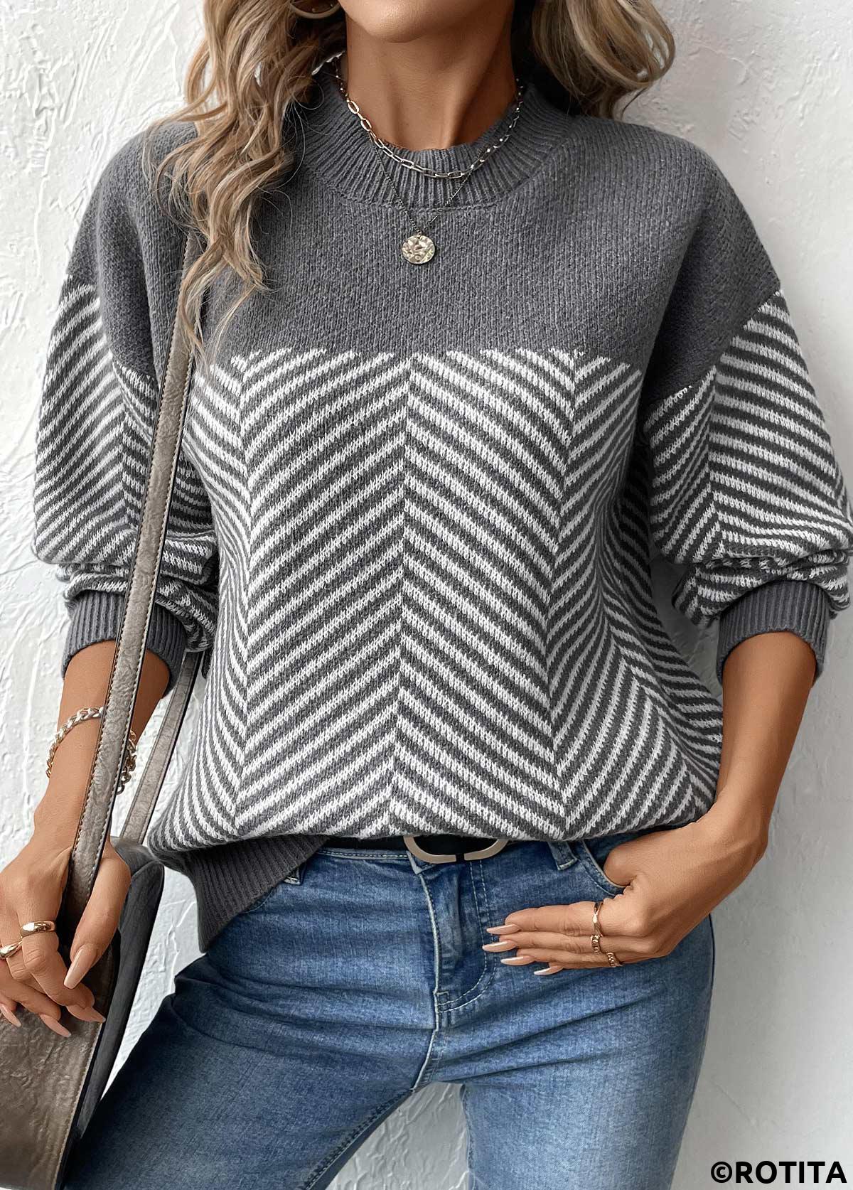 Dark Grey Marl tops,Striped tops,Geometric tops,Patchwork Striped Dark Grey Marl Round Neck Sweater