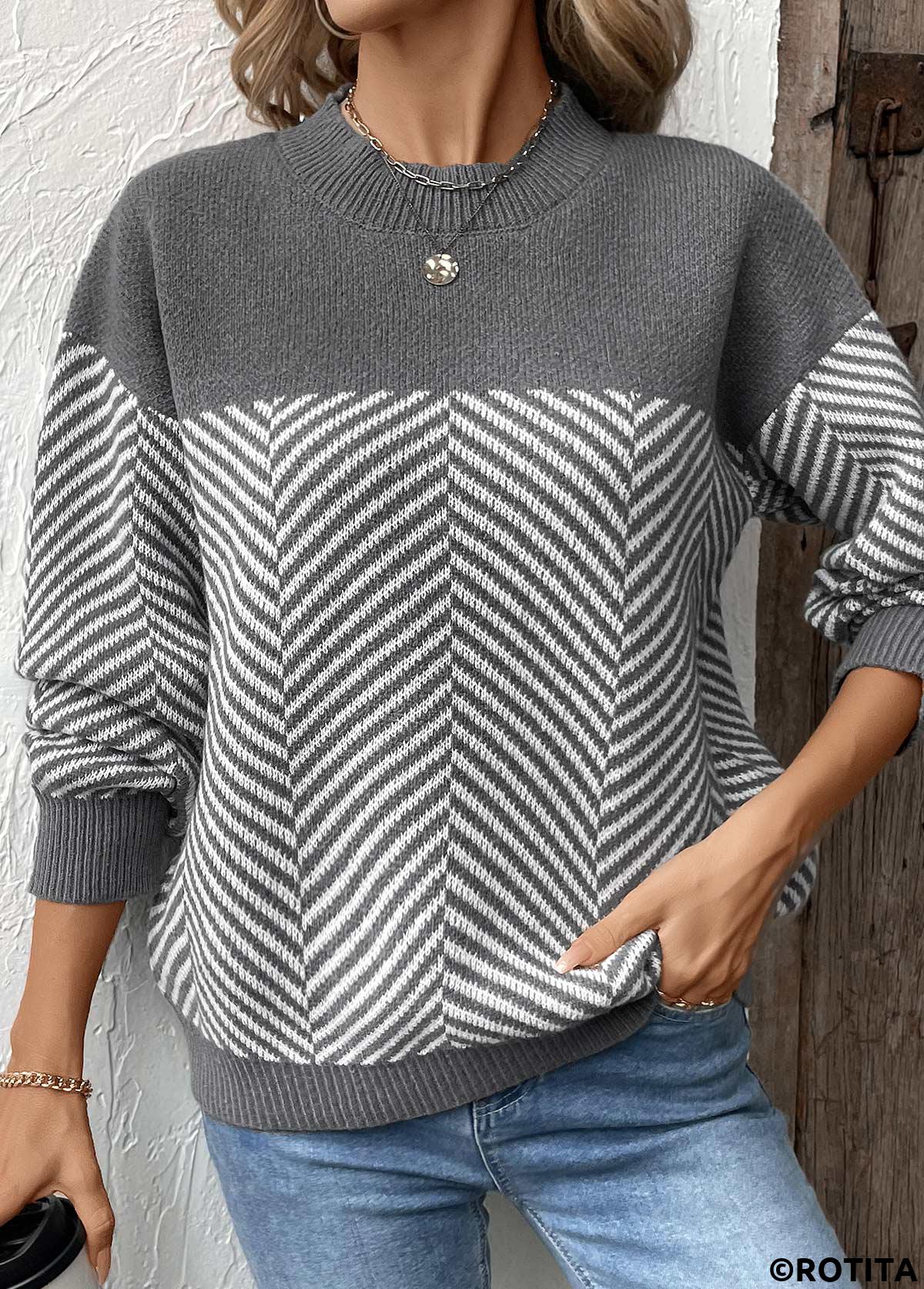 Dark Grey Marl tops,Striped tops,Geometric tops,Patchwork Striped Dark Grey Marl Round Neck Sweater