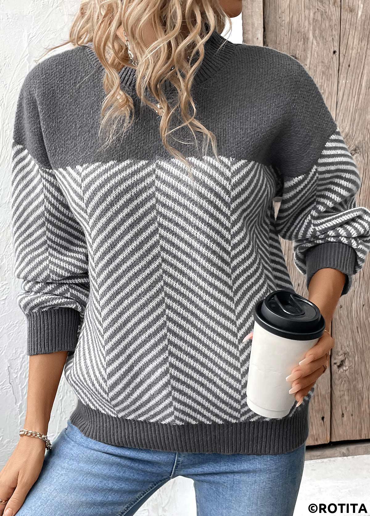 Dark Grey Marl tops,Striped tops,Geometric tops,Patchwork Striped Dark Grey Marl Round Neck Sweater
