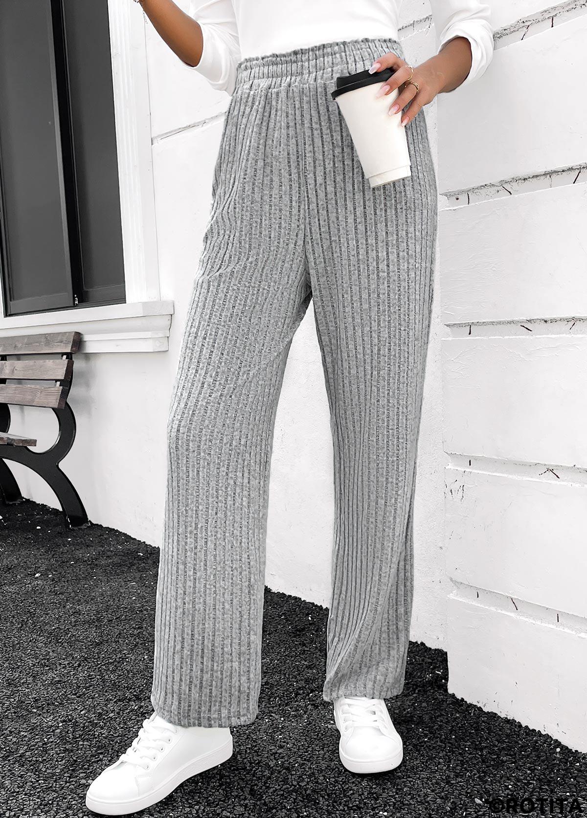 Grey bottoms,Plain Color bottoms,Grey Elastic Waist High Waisted Pants