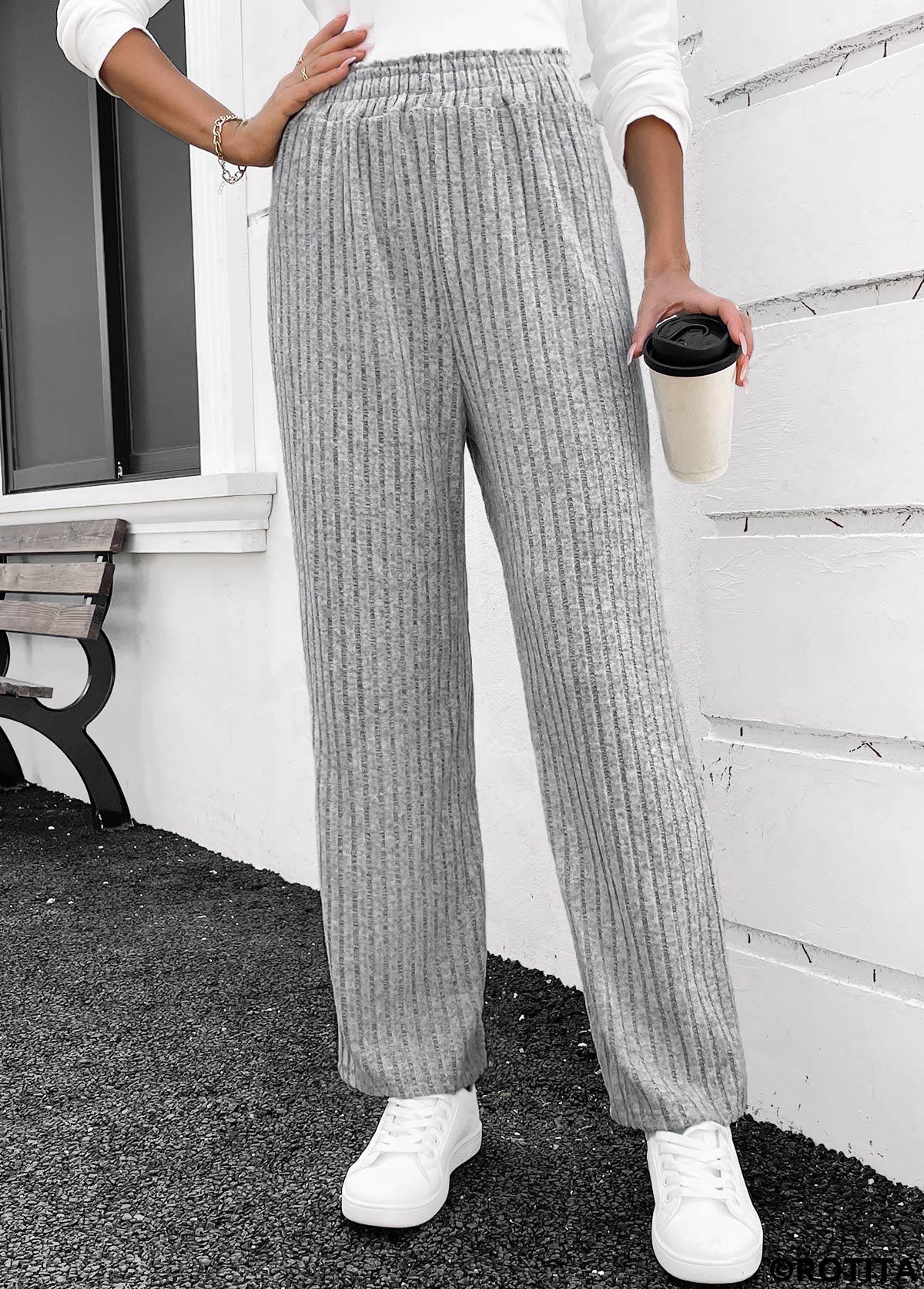 Grey bottoms,Plain Color bottoms,Grey Elastic Waist High Waisted Pants